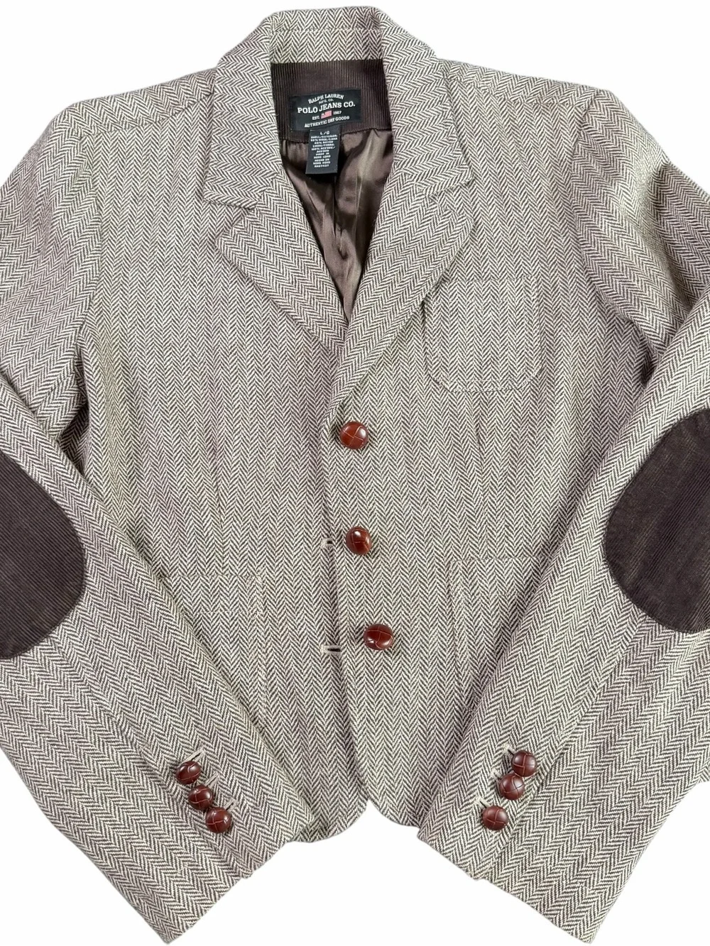 Polo Jeans Co Women's Brown Herringbone Blazer with Elbow Patches size Large